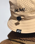 technical adjustable bucket hat, get lost, camel.