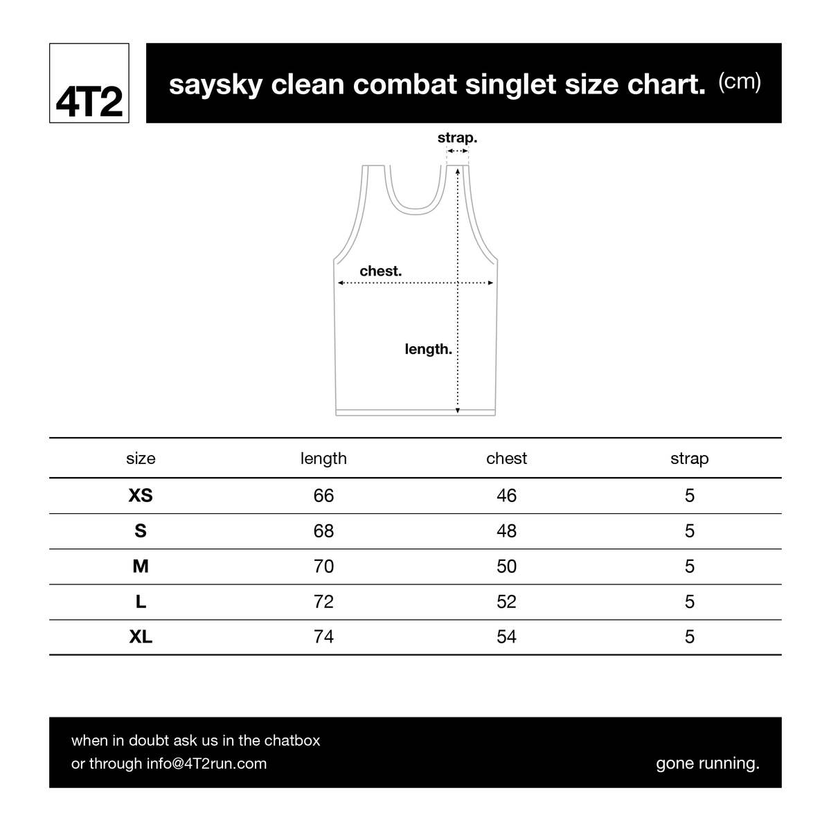A size chart graphic for saysky clean combat singlet in centimeters, showing a simple tank top outline with labeled chest, length, and strap measurements, plus a size table from XS to XL.