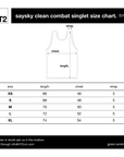 A size chart graphic for saysky clean combat singlet in centimeters, showing a simple tank top outline with labeled chest, length, and strap measurements, plus a size table from XS to XL.